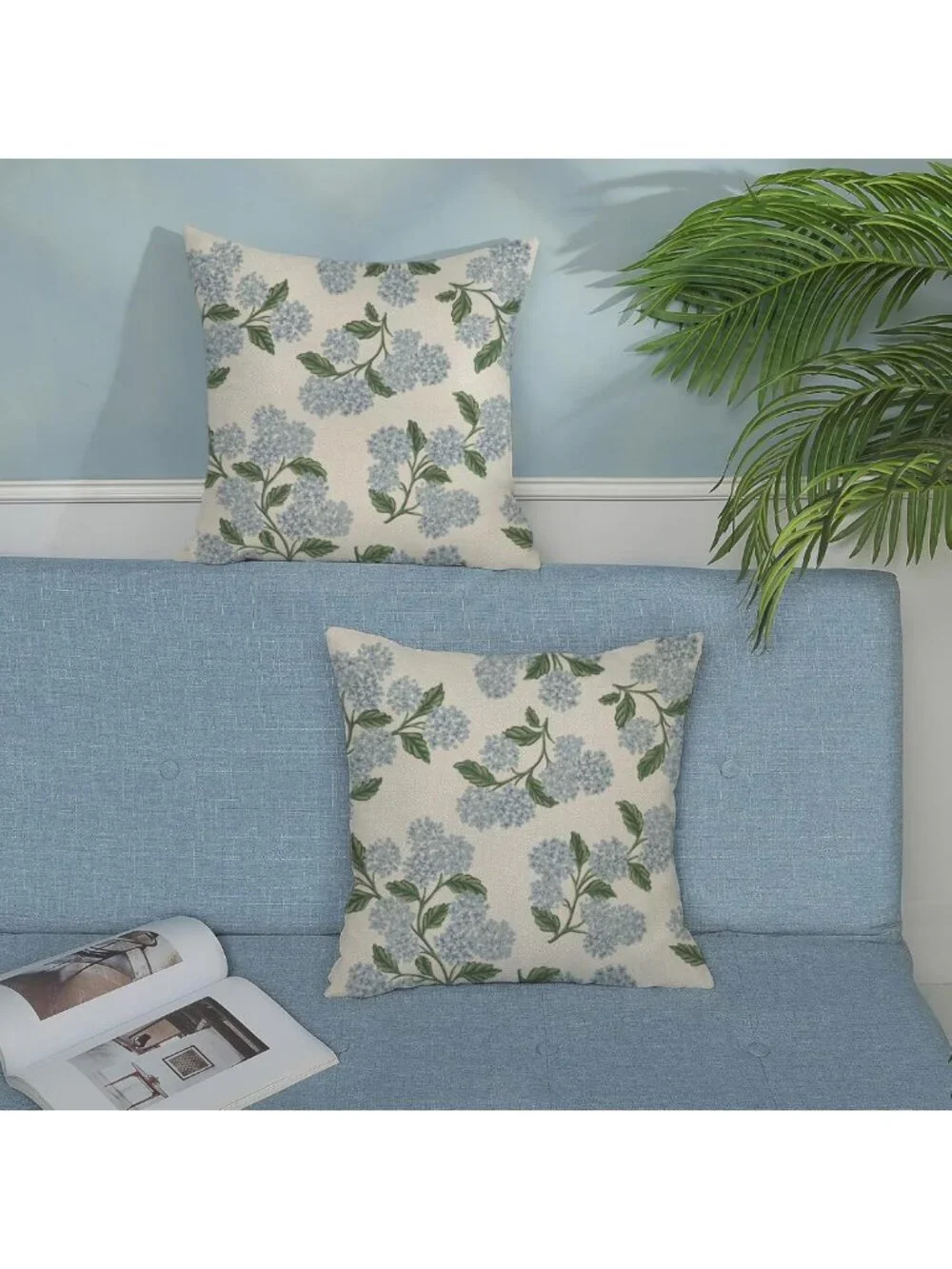 Vintage Floral Spring Pillow Covers 18x18 - Blue Green Hydrangea Cushion Set